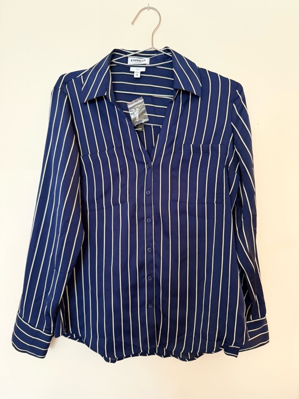 Express Navy and White Vertical Stripe Button-Down Blouse